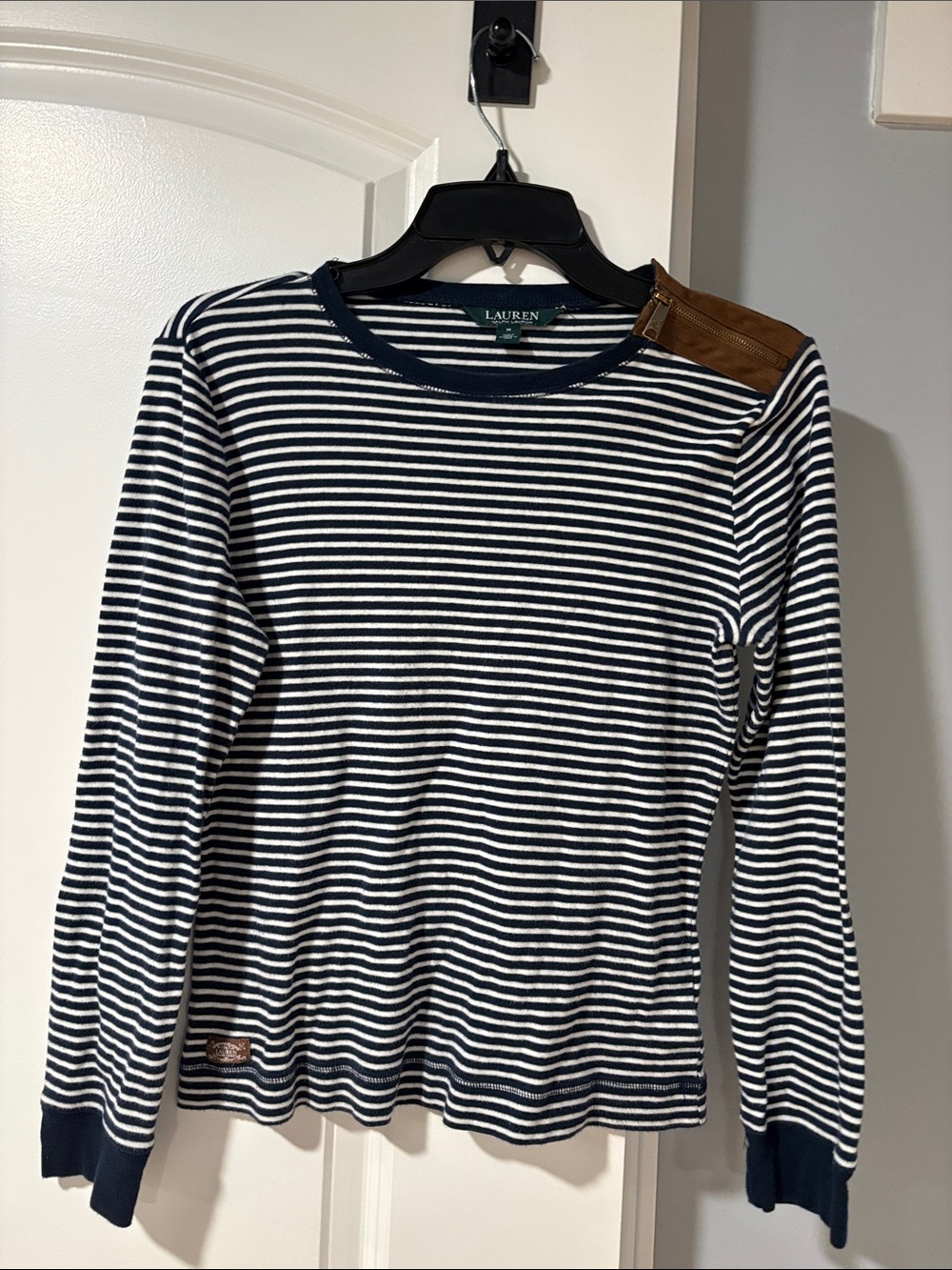 Lauren Ralph Lauren Navy & White Striped Tee with Leather Shoulder Detail